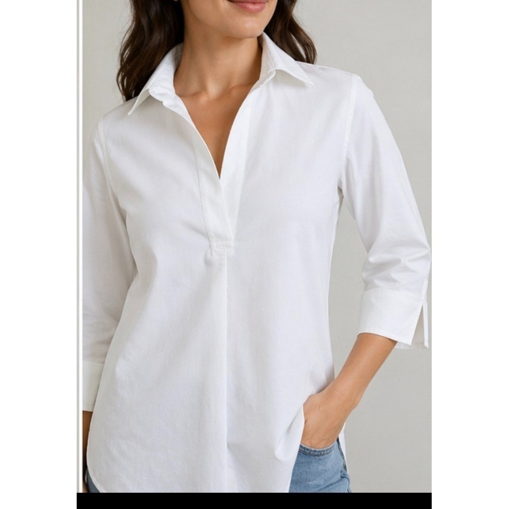 Classic White Poplin Split-Neck Shirt - Women's Top